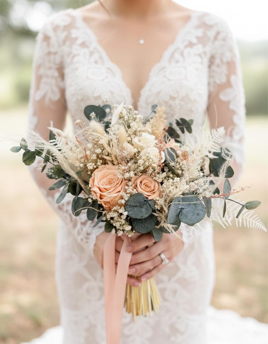 Peach Rose Wedding Bouquet, Blush Dusty Pink Dried Flower Posy, Preserved Bridal Arrangemen