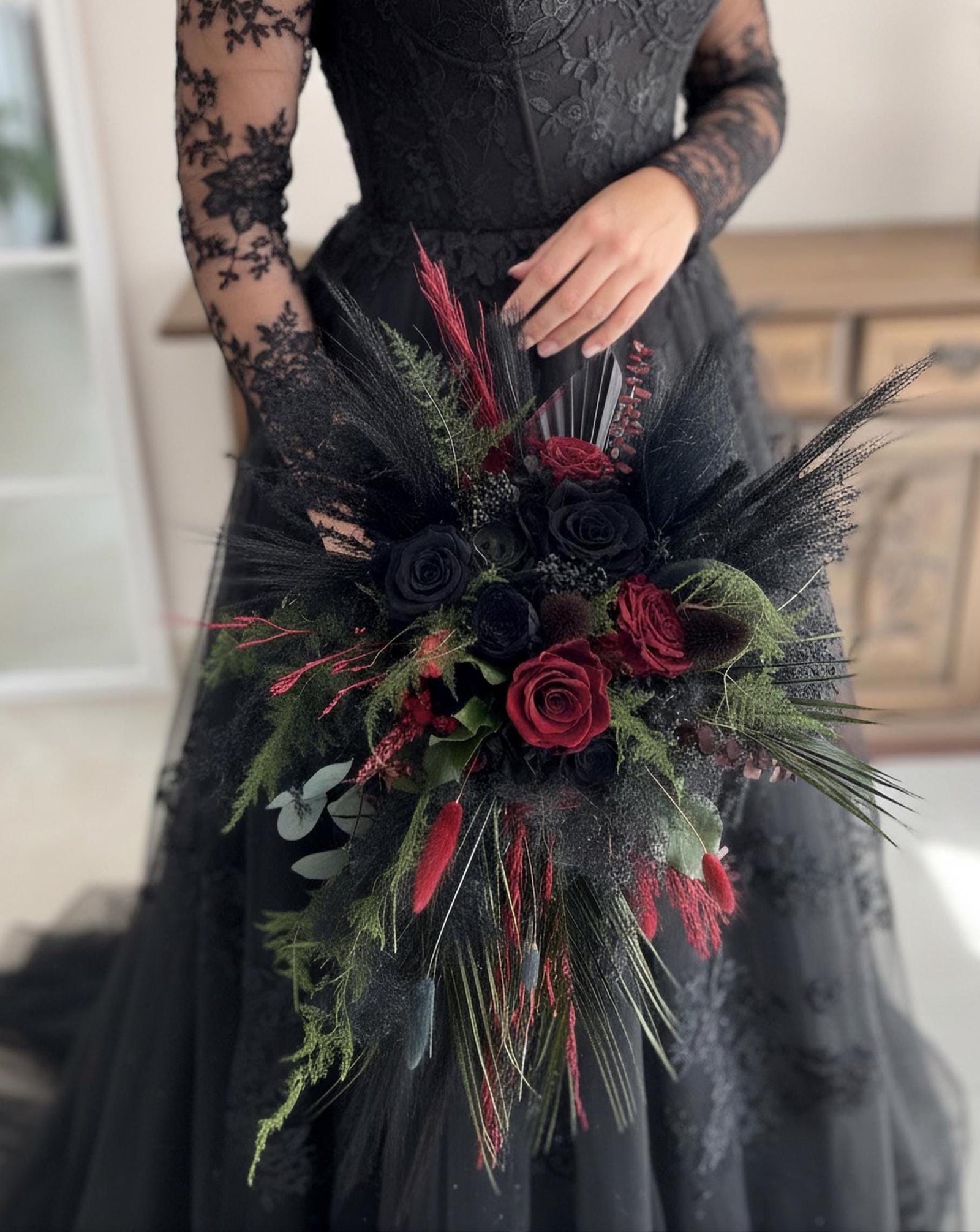 Black, Forest Green & Red Cascading Wedding Bouquet – Gothic Dried Flower Bridal Bouquet