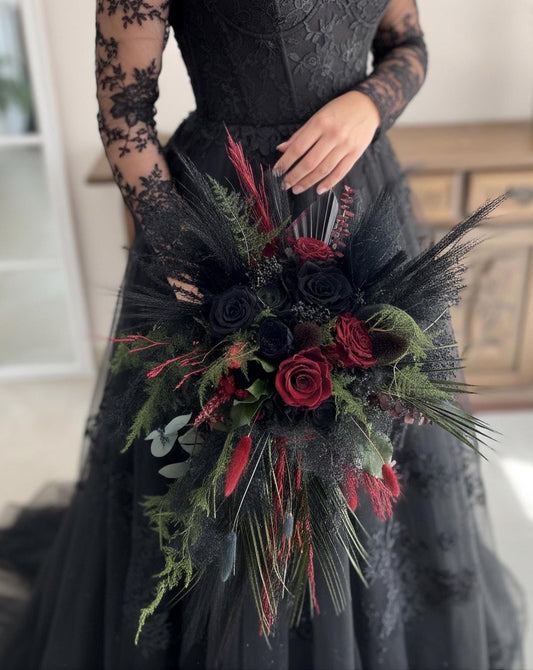 Black, Forest Green & Red Cascading Wedding Bouquet – Gothic Dried Flower Bridal Bouquet