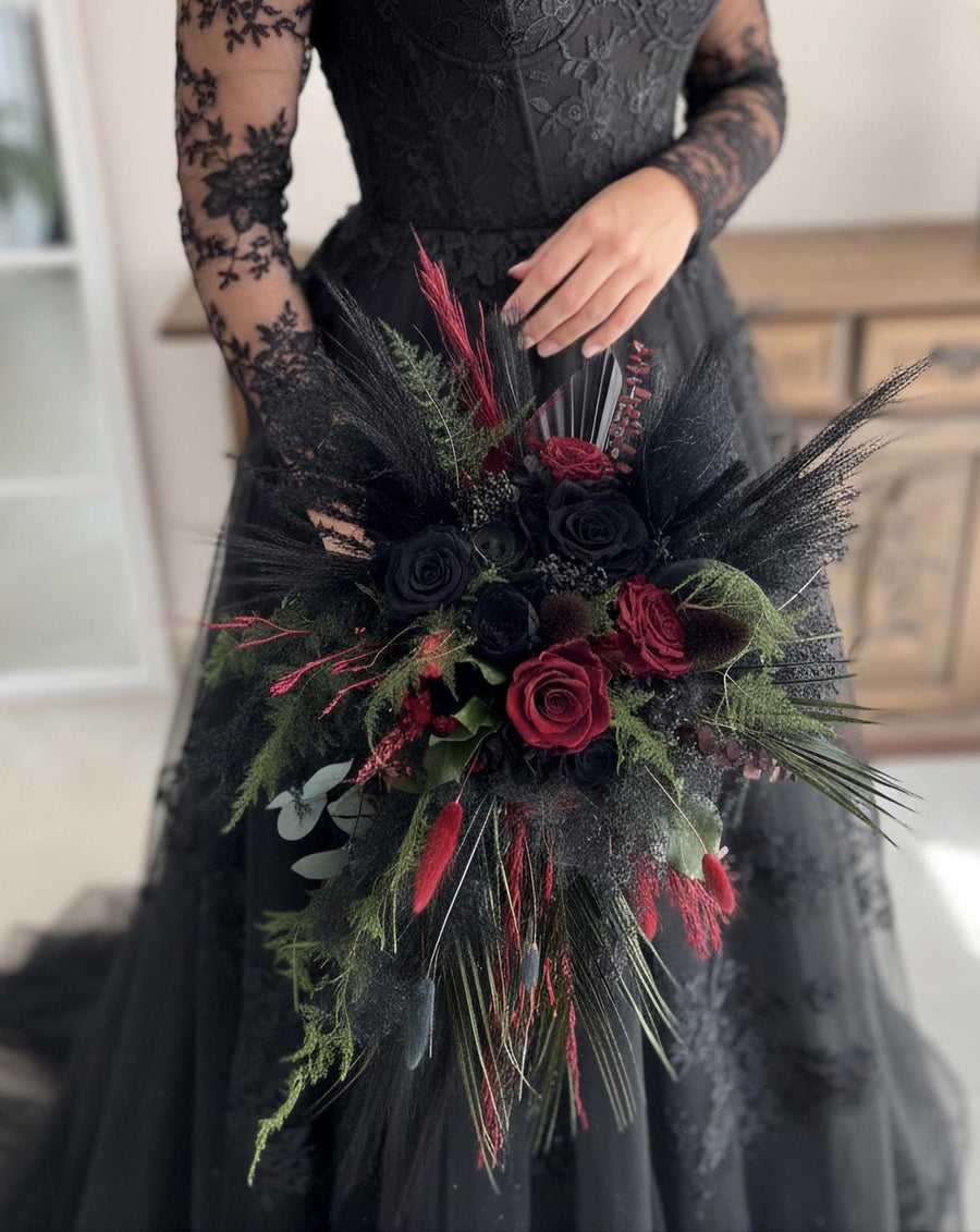 Black, Forest Green & Red Cascading Wedding Bouquet – Gothic Dried Flower Bridal Bouquet