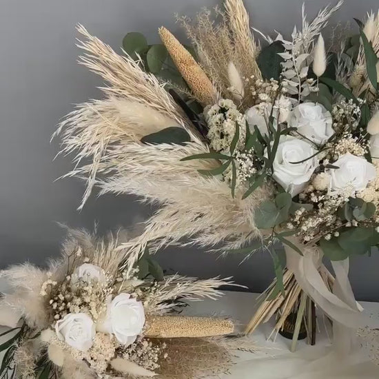 Eucalyptus & White Rose Bouquet - Boho Neutral Wedding Flowers