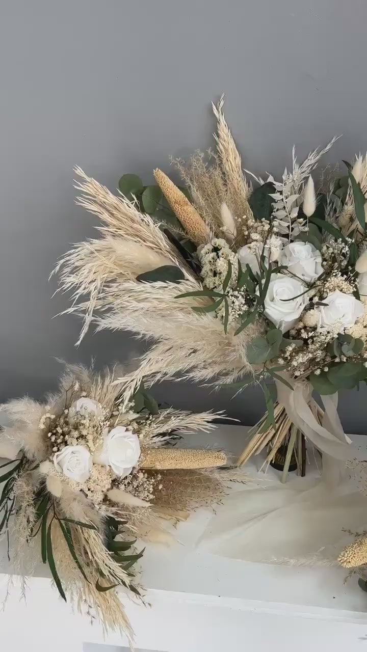 Eucalyptus & White Rose Bouquet - Boho Neutral Wedding Flowers