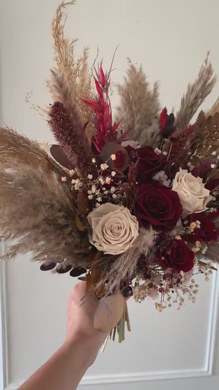 Burgundy Wedding Bouquet,Fall Bridesmaid, Burnt Orange, Chocolate Bouquet, Wine bridal bouquet, Dried flower wedding, Boho Wedding Bouquet