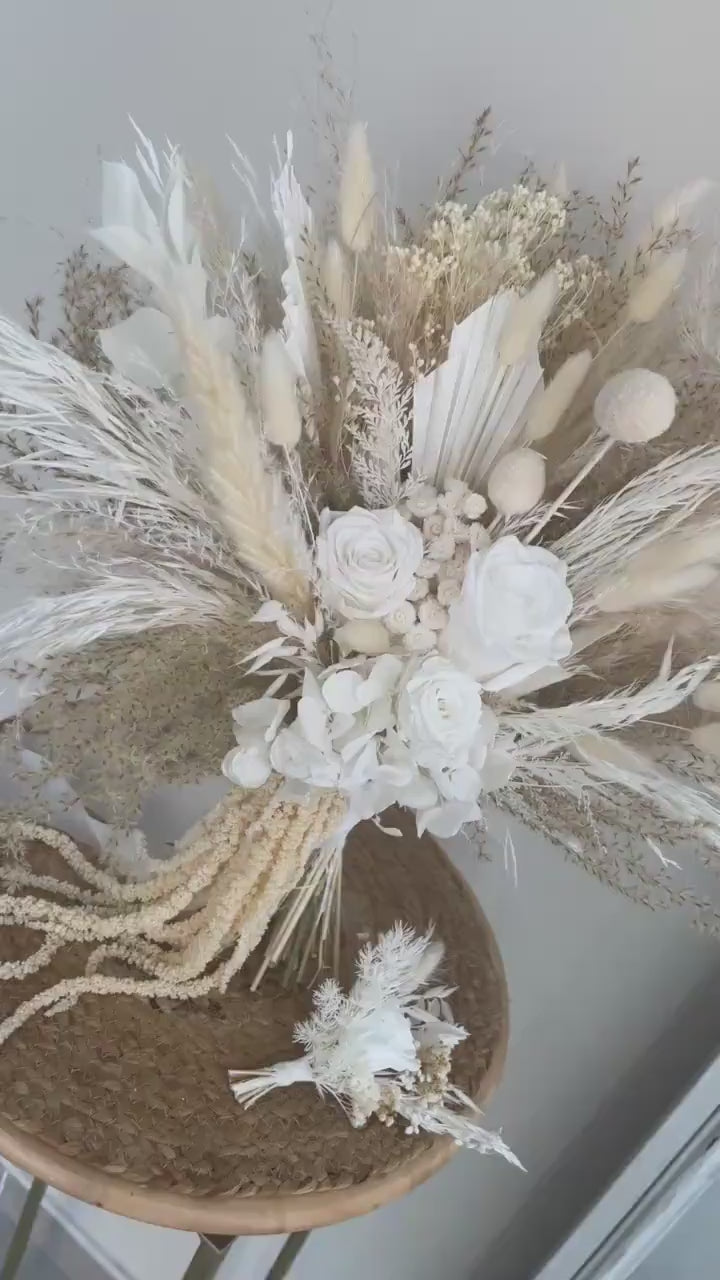 White Roses and Pampas Bridal Bouquet – Bohemian Cascading Wedding Flowers