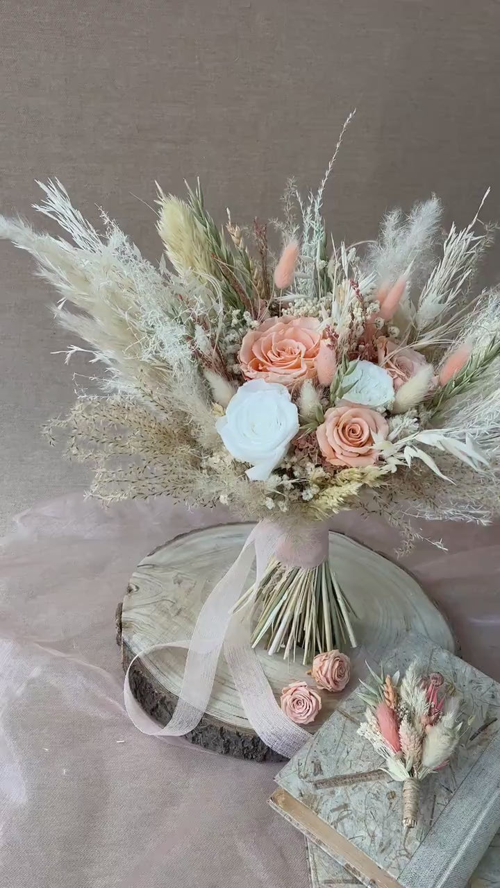Peach Wedding Bouquet, Pastel Bouquet, Blush and Peach Wedding, Salmon Bouquet, Boho Bridal Bouquet, Peach&Sage Green Bouquet, Rustic Bridal