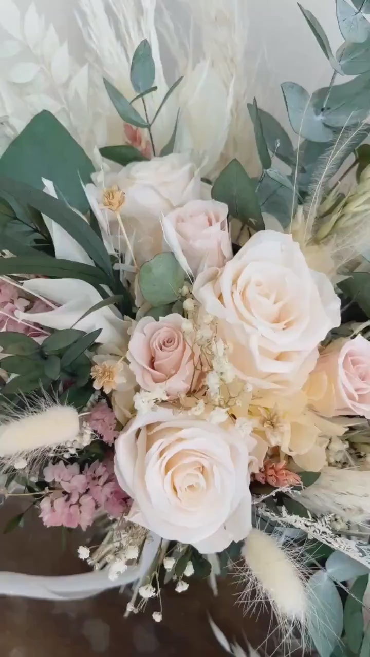 Blush & Dusty Pink Wedding Bouquet with Eucalyptus – Romantic Dried Flower Bridal Bouquet