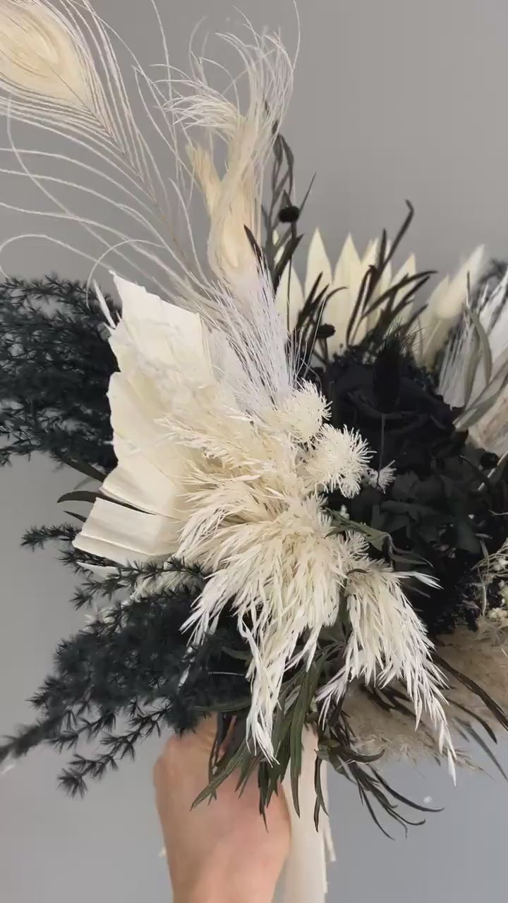 Black & White Wedding Bouquet – Gothic Dried Flower Bridal Bouquet