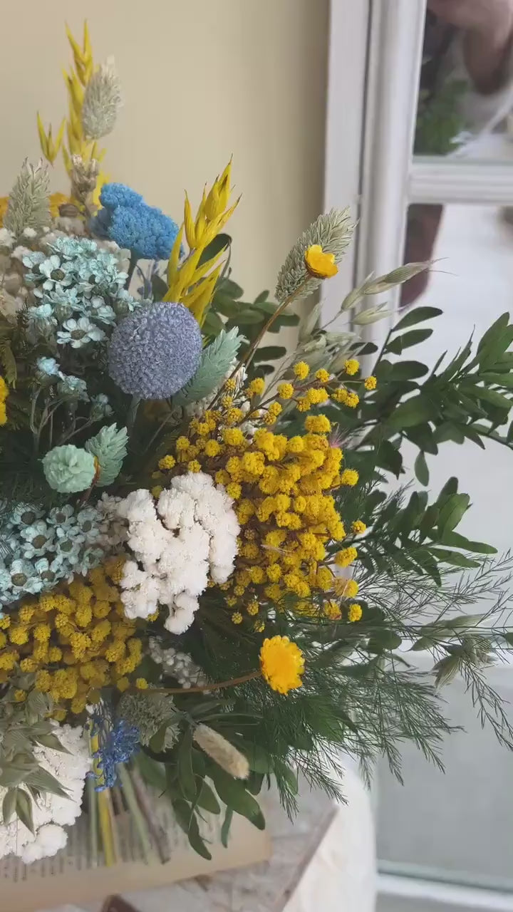 Rustic Yellow & Blue Dried Bouquet | Summer Wedding Flowers