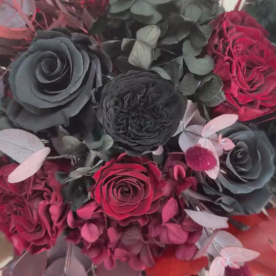 Black & Burgundy Dried Flower Cascade Bridal Bouquet - Boho Gothic Wedding