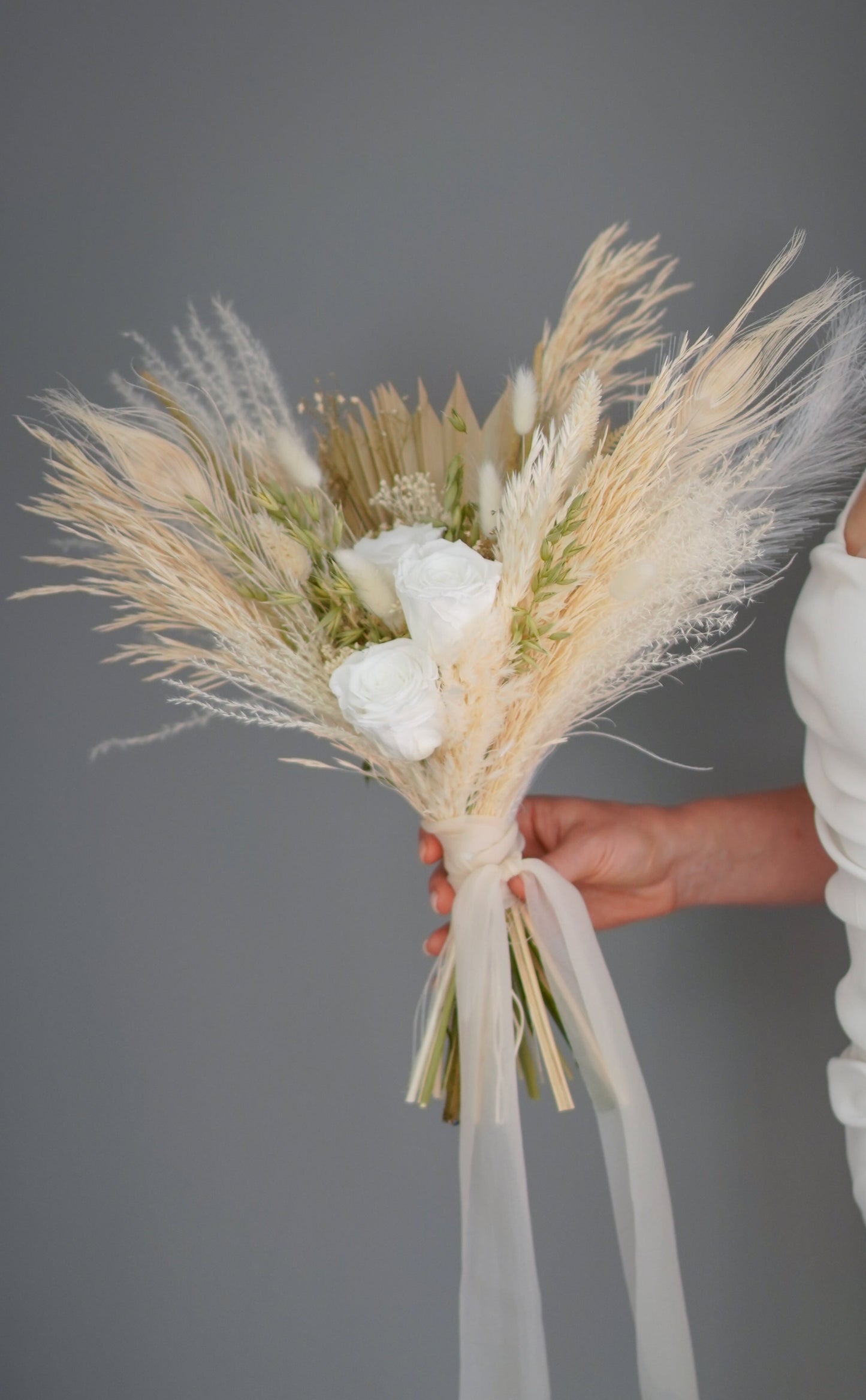 Bouquet de mariage blanc et verdure, bouquet de mariée Boho, bouquet de mariage blanc, bouquet de fleurs séchées, fleurs de mariage, bouquet Boho