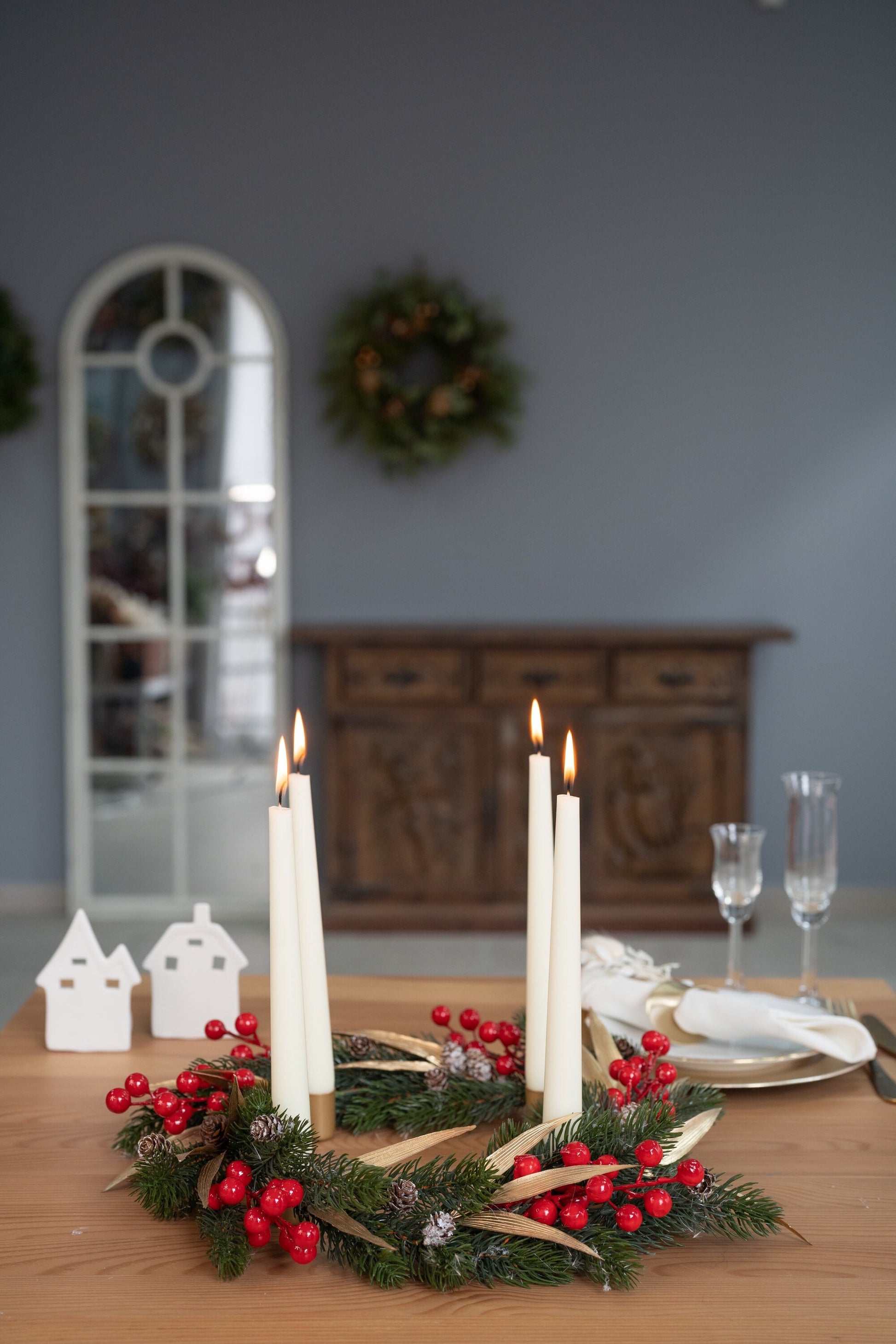 Table wreath candle, Christmas table decor, Christmas table Wreath, Christmas Candle Ring, Eucalyptus wreath, Christmas candlelight