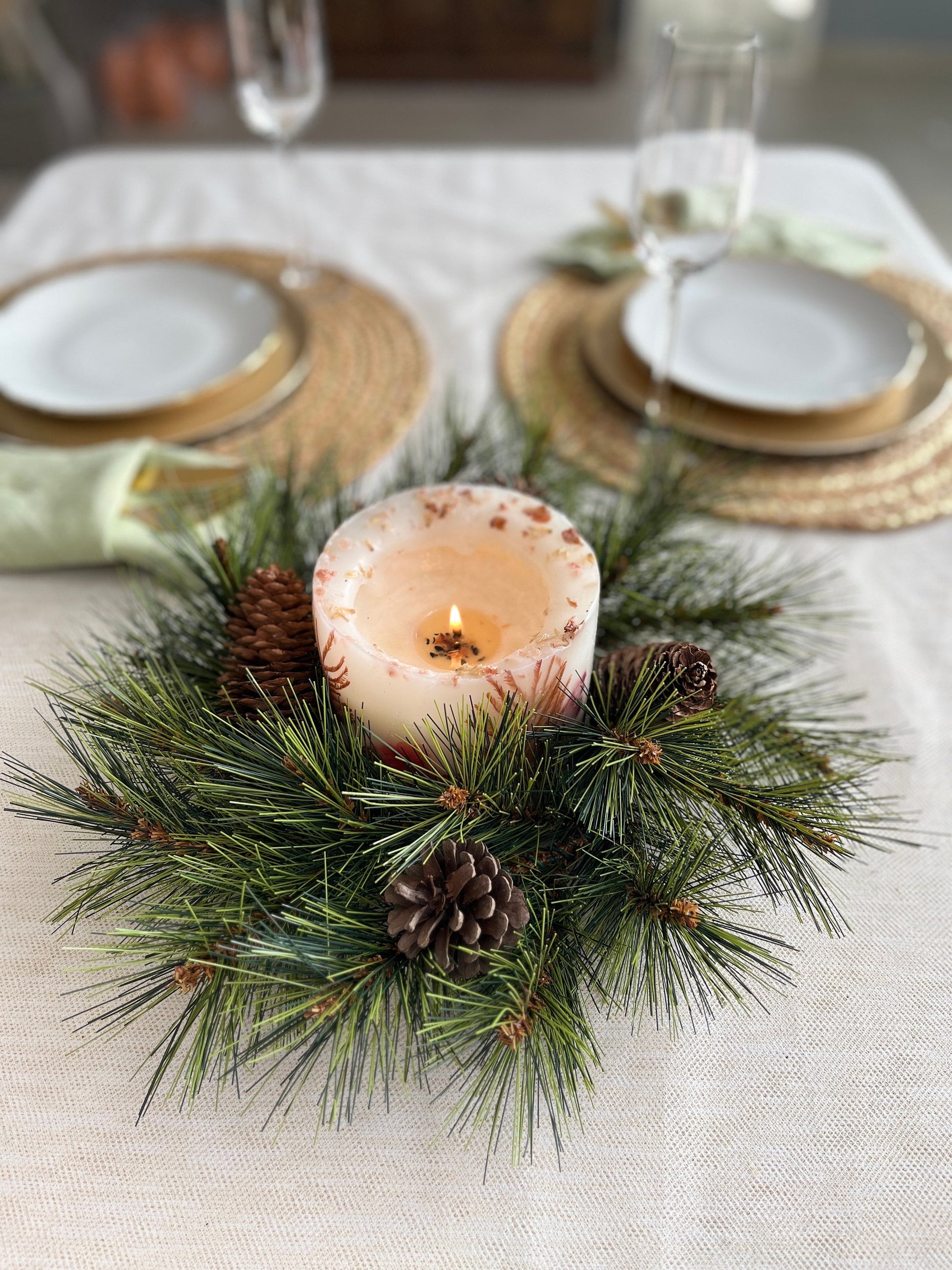 Pine Christmas wreath, Christmas table decor, Christmas table Wreath, Christmas Candle Ring, Pine wreath 12"