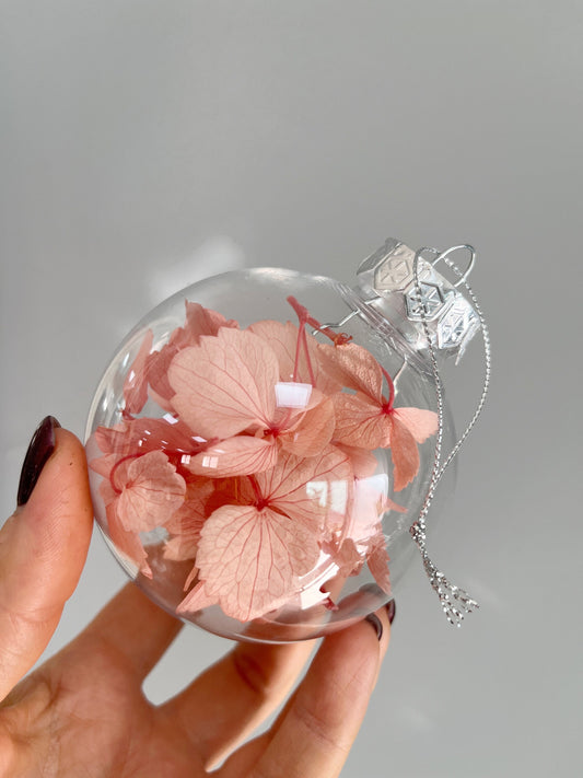 Christmas ornaments, Set of dried flowers ornaments Pink Hydrangea filling, Christmas tree decor, Handmade Ornaments, Clear Xmas bubbles